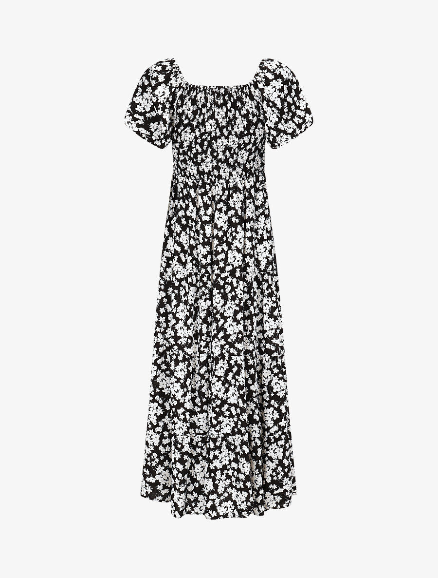 Robe imprimé fleuri à manches élastiquées - Noir - 2