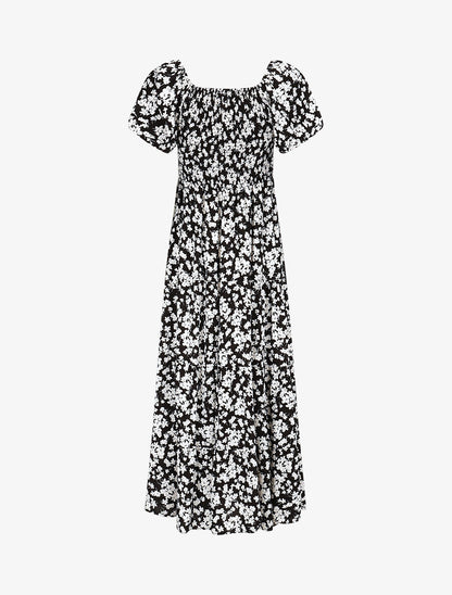 Robe imprimé fleuri à manches élastiquées - Noir - 2