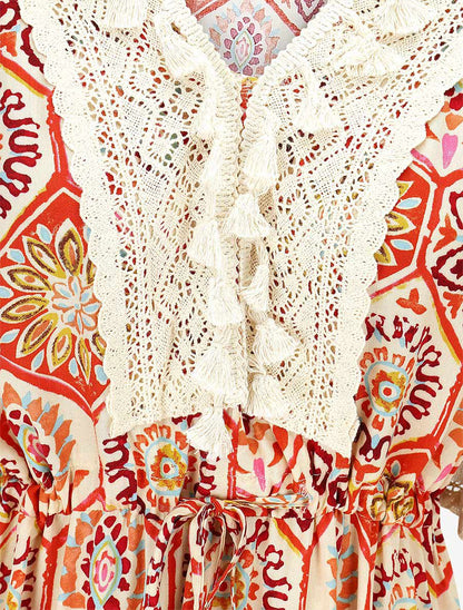 Robe longue imprimé fantaisie à détail broderies - Rouge - 3