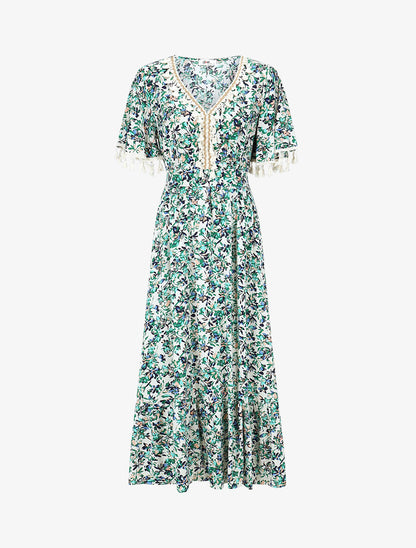 Robe imprimé fleuri à détail pampilles - Vert - 1