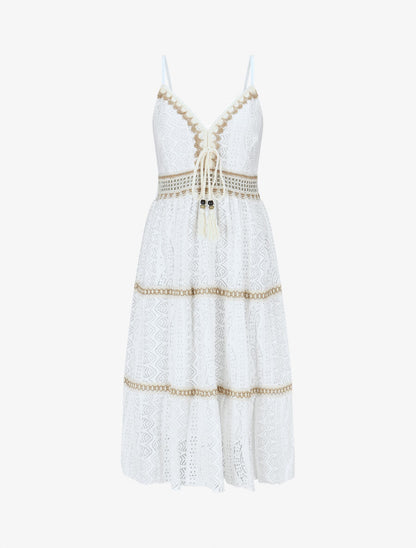 Robe mi-longue unie à broderies - Blanc - 4