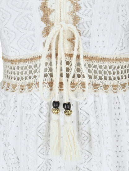 Robe mi-longue unie à broderies - Blanc - 3