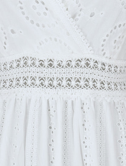 Robe longue unie à broderies - Blanc - 3