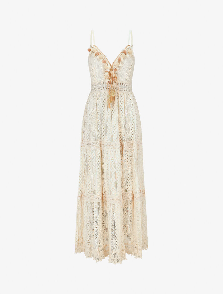 Robe longue crochet à détail pompons - Beige - 1