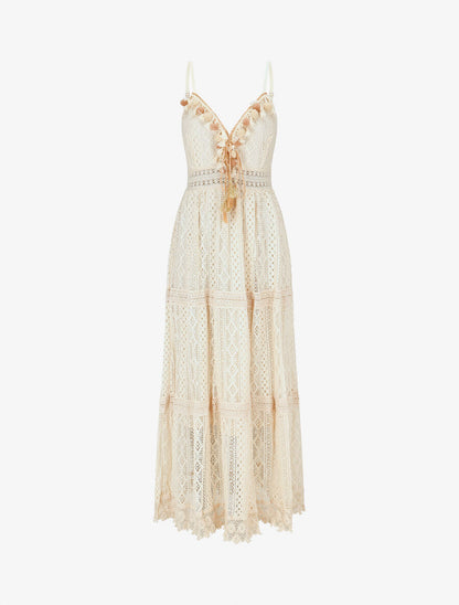Robe longue crochet à détail pompons - Beige - 1