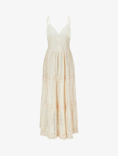 Robe longue crochet à détail pompons - Beige - 2