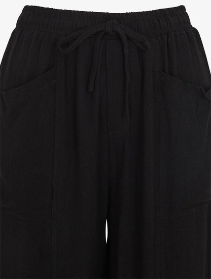 Pantalon uni élastiqué effet lin - Noir - 3