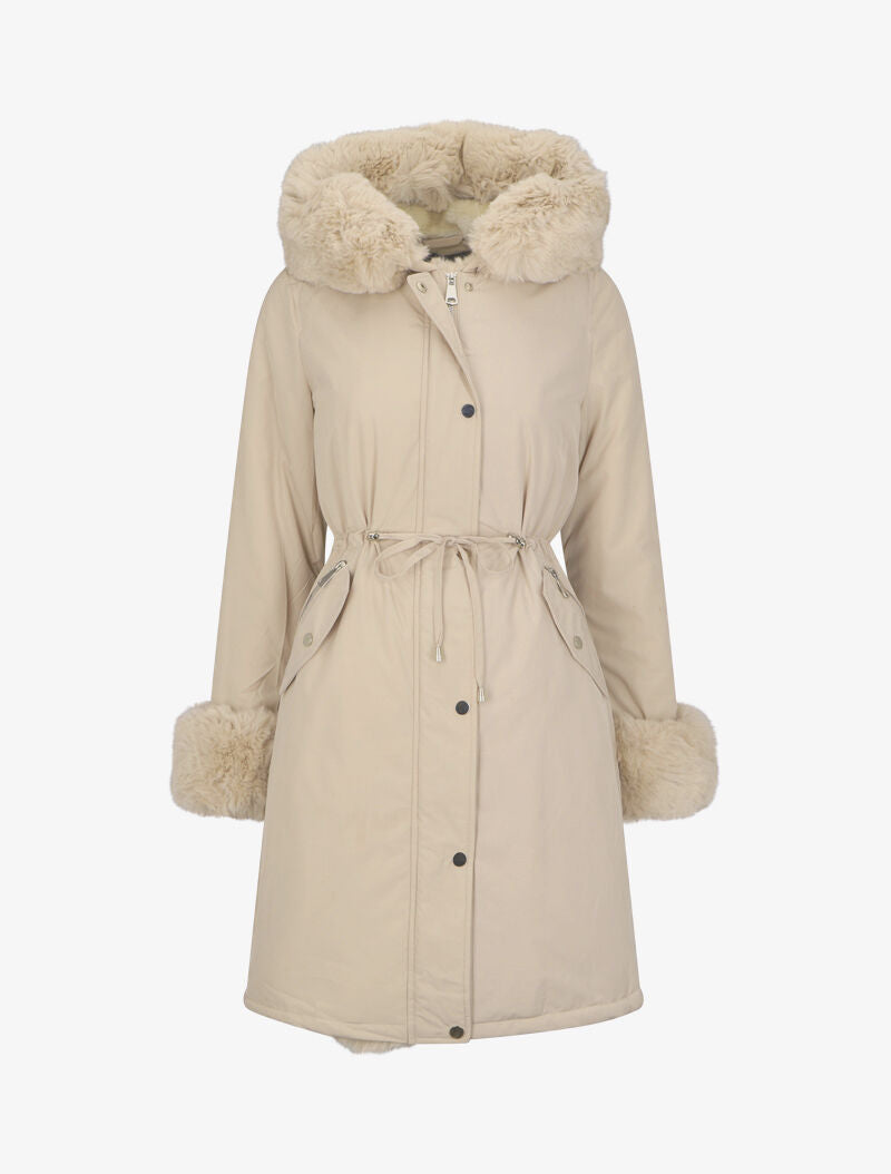 Parka à bords en fourrure synthétique amovible - Beige - 7