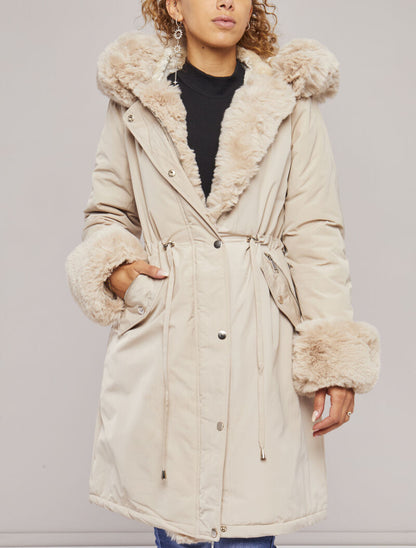 Parka à bords en fourrure synthétique amovible - Beige - 4