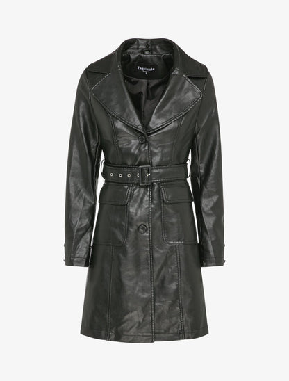 Manteau en simili à col et poignets en fausse fourrure - Noir - 3