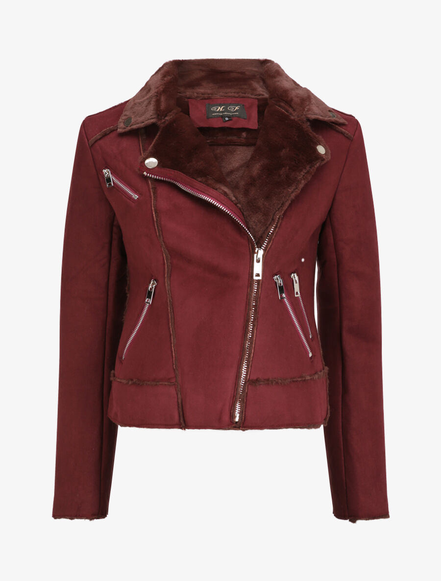 Veste fourrée à coutures contrastantes - Lie de vin - 1