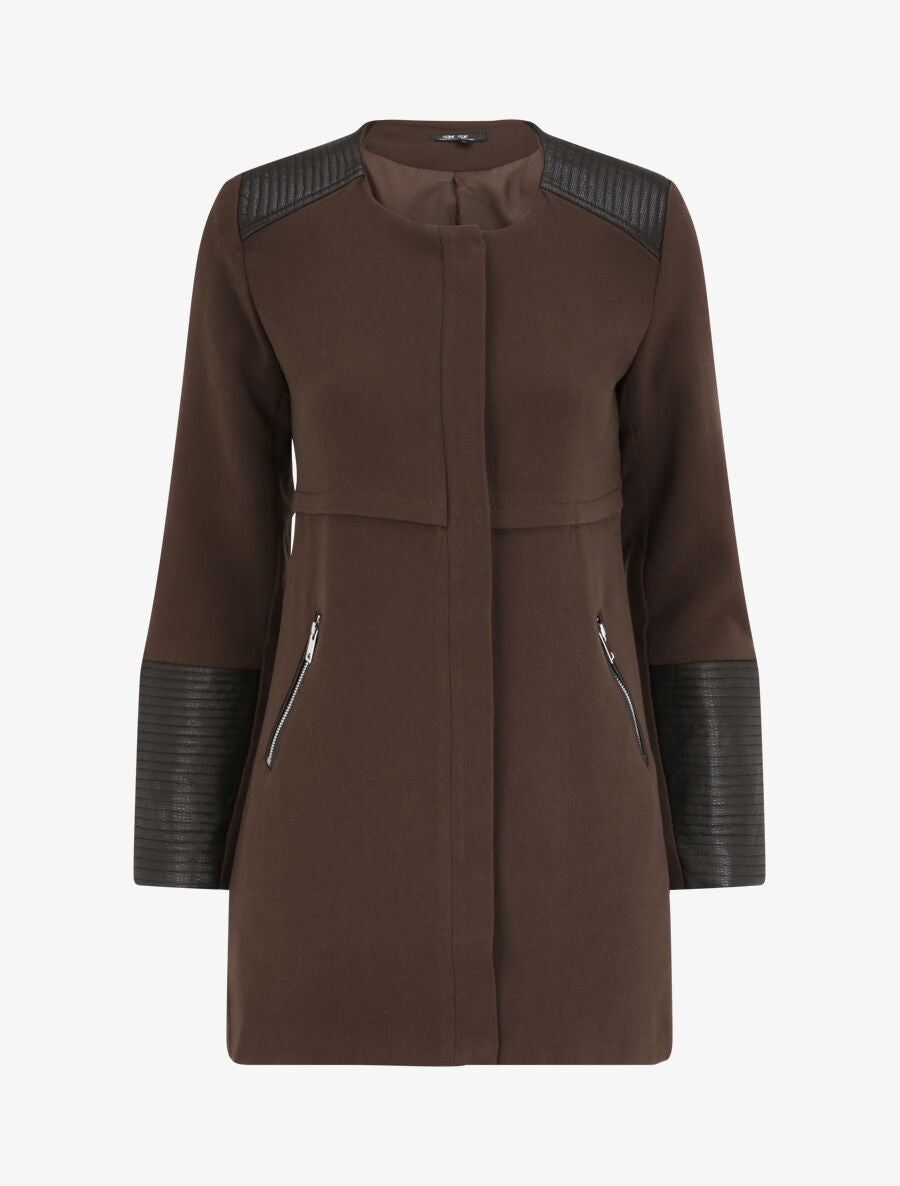 Manteau droit à empiècements en simili matelassé - Marron foncé - 1