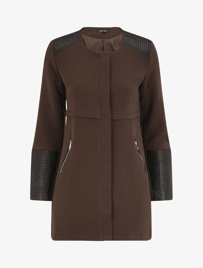 Manteau droit à empiècements en simili matelassé - Marron foncé - 1