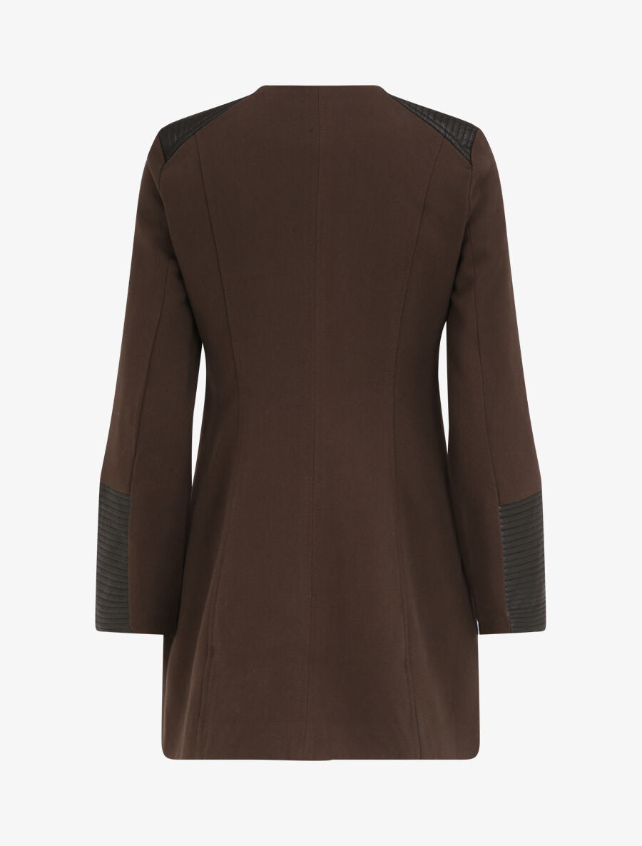 Manteau droit à empiècements en simili matelassé - Marron foncé - 2