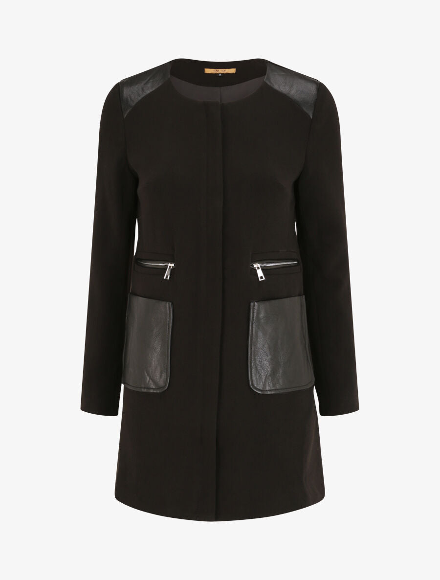 Manteau droit à poches plaquées en simili - Noir - 4