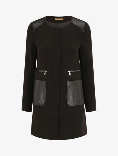 Manteau droit à poches plaquées en simili - Noir - 4