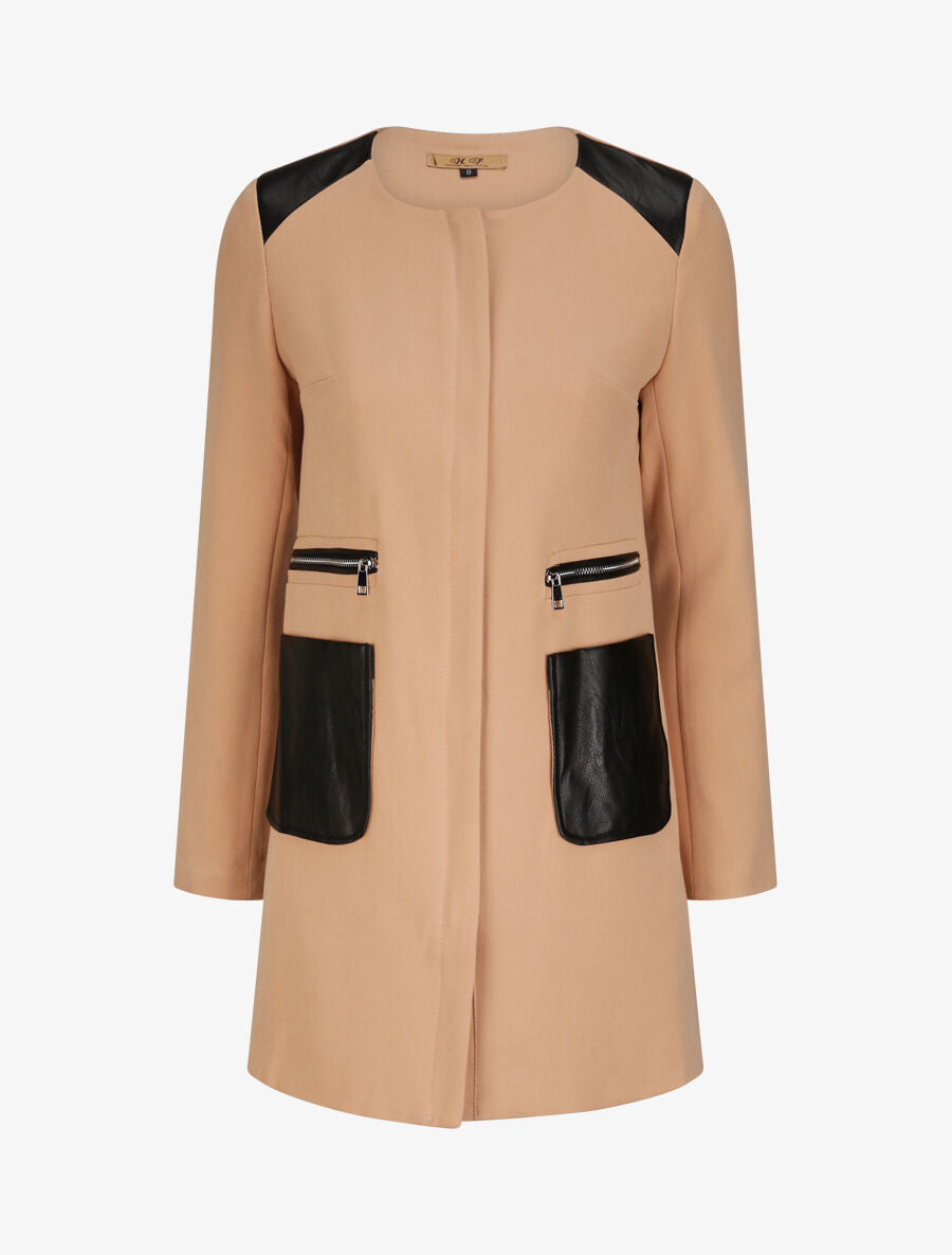 Manteau droit à poches plaquées en simili - Beige - 1