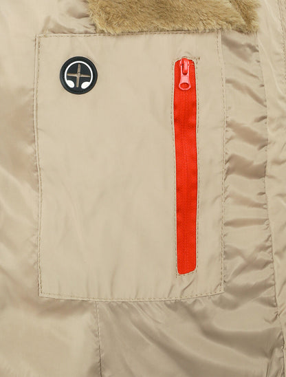Doudoune fourrée à capuche à détail fausse fourrure - Beige - 3