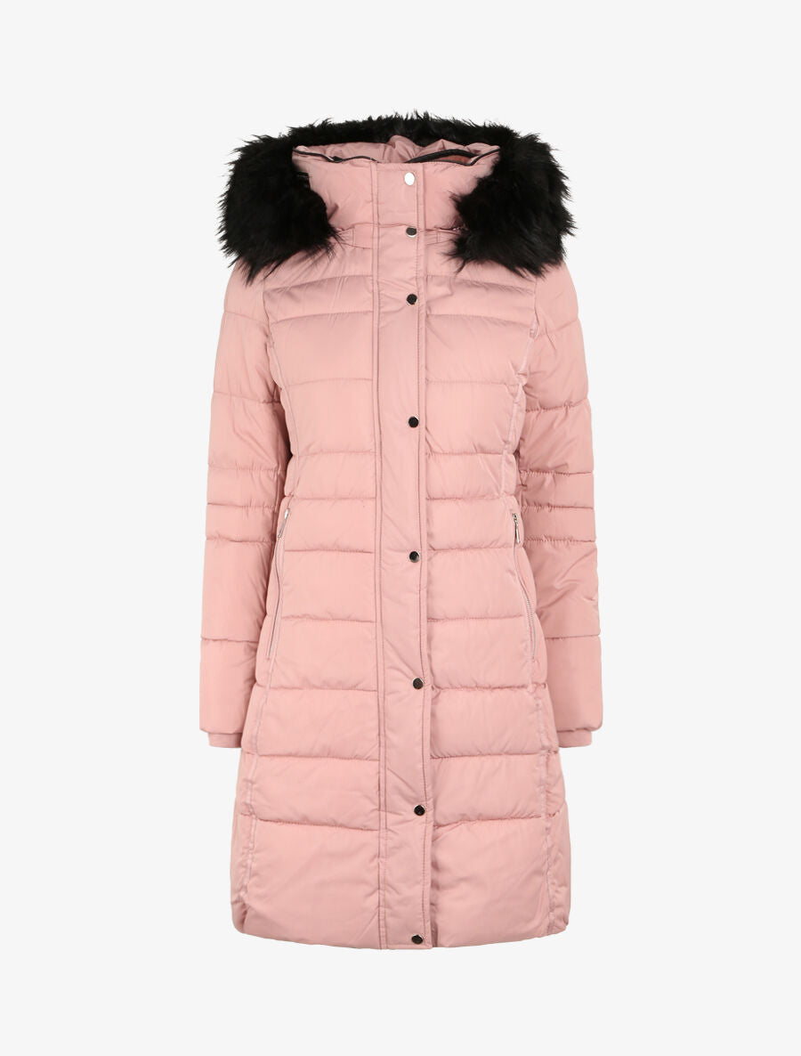 Doudoune cintrée à capuche à détail fausse fourrure - Rose poudré - 4