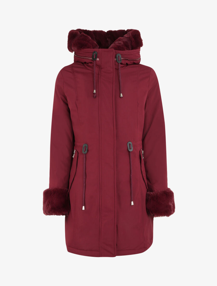 Parka mi-longue à détail fausse fourrure - Bordeaux - 4