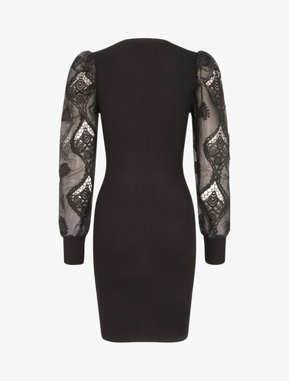 Robe pull à manches bouffantes en crochet - Noir - 2