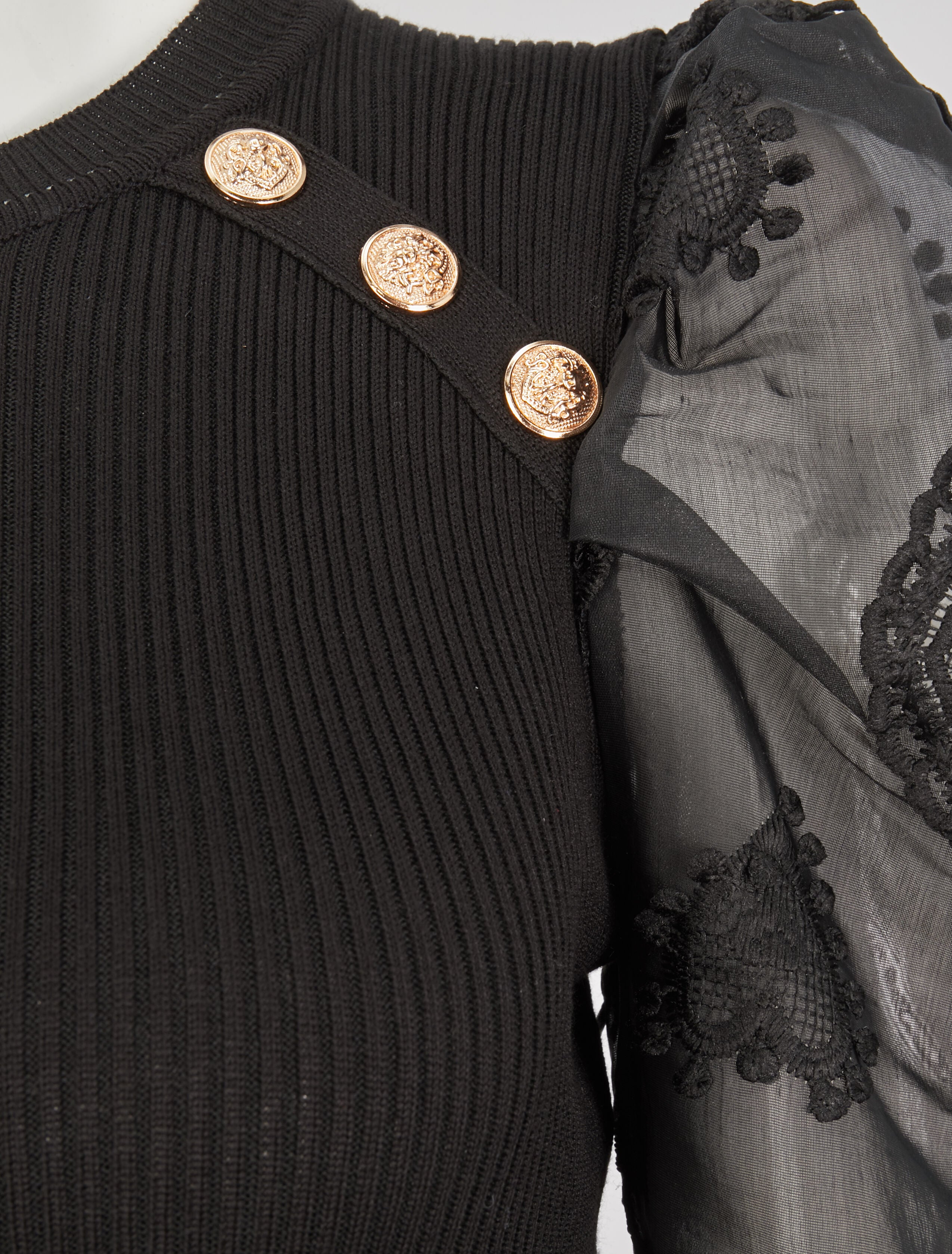 Robe pull à manches bouffantes en crochet - Noir - 3