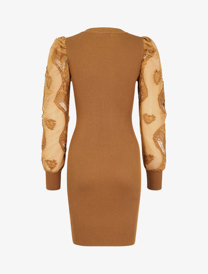 Robe pull à manches bouffantes en crochet - Camel - 2