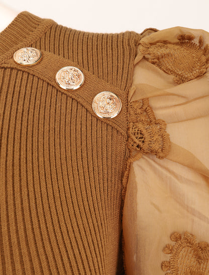 Robe pull à manches bouffantes en crochet - Camel - 3