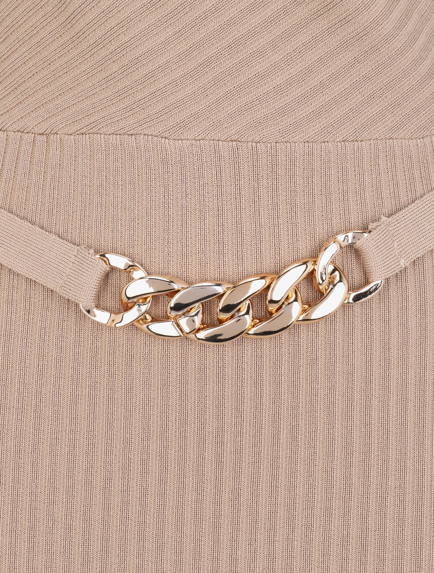 Robe cotelée à ceinture à détail chaîne - Beige - 3