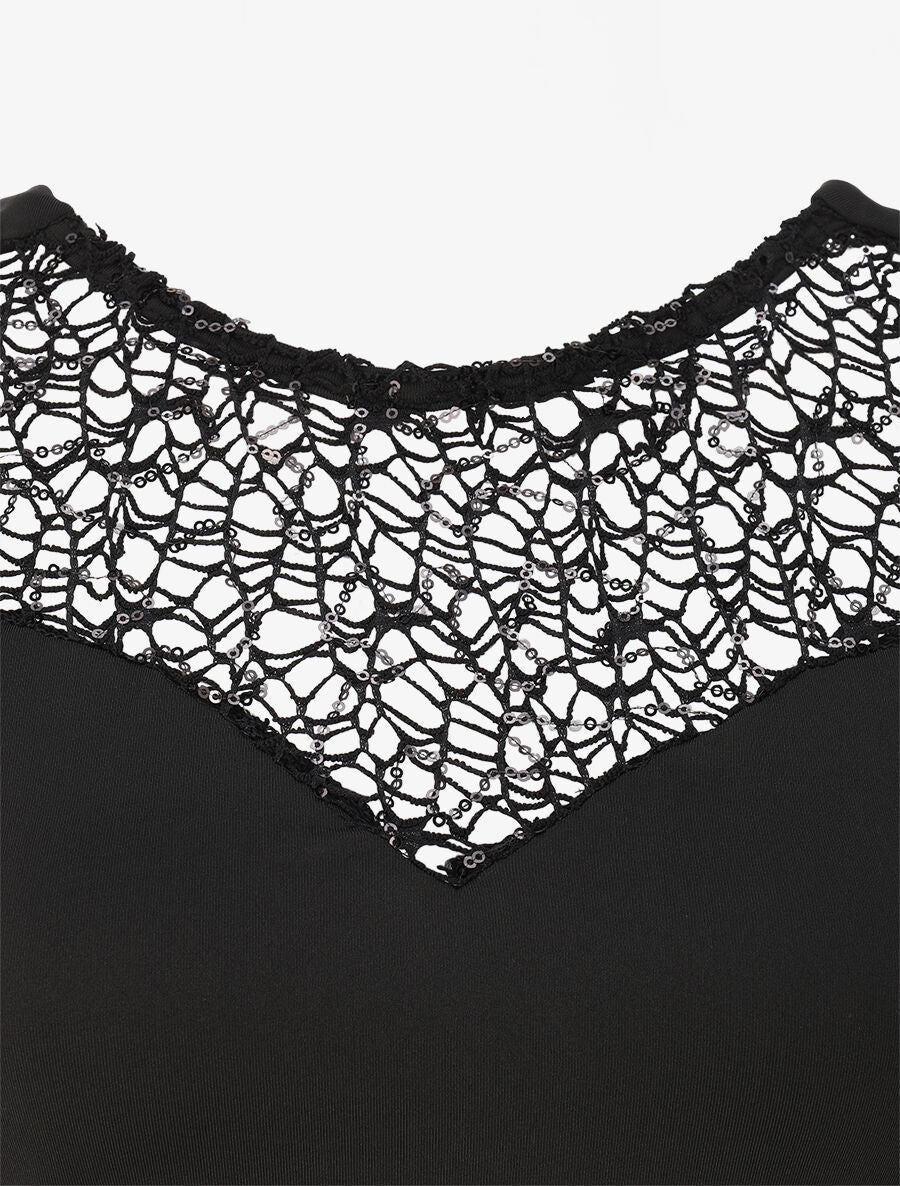 Robe longue à détail crochet et sequins - Noir - 4