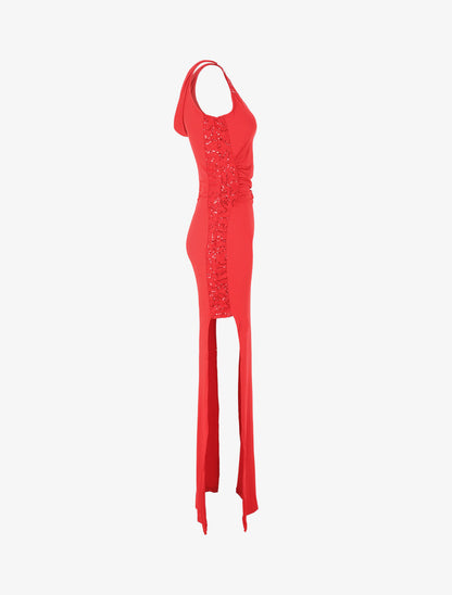 Robe longue à détail crochet et sequins - Rouge - 3