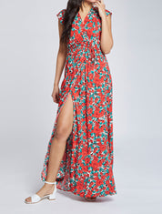 Robe longue empire à mancherons imprimé tulipes - Rouge - 1