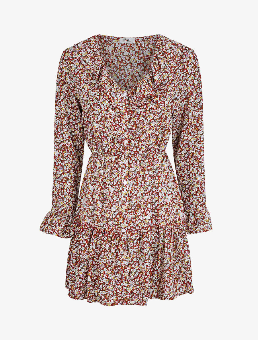 Robe courte patineuse à volants imprimé fleurs printanières - Rouille - 1