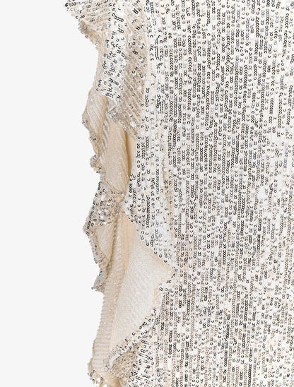 Robe longue à sequins et fente volantée - Beige - 3