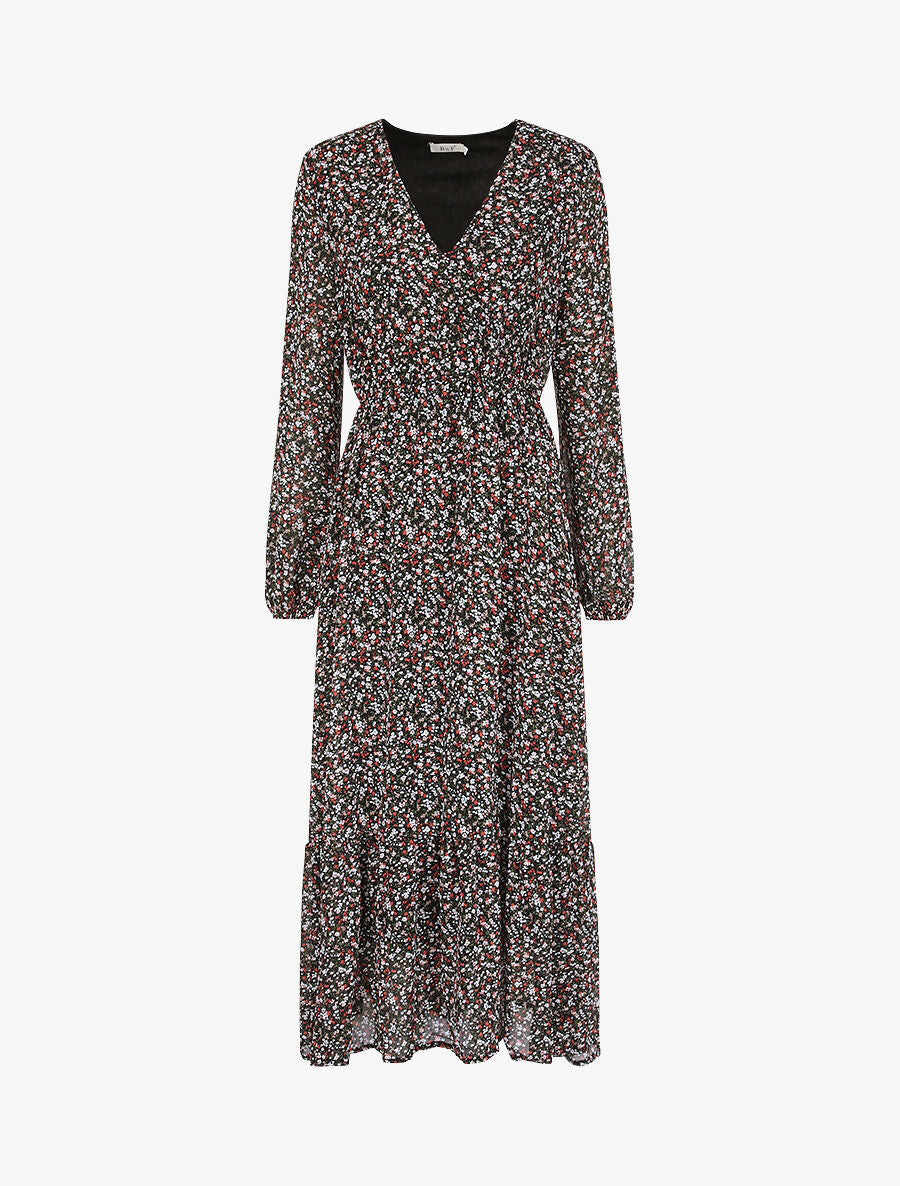 Robe longues empire imprimé fleurs des champs - Noir - 1