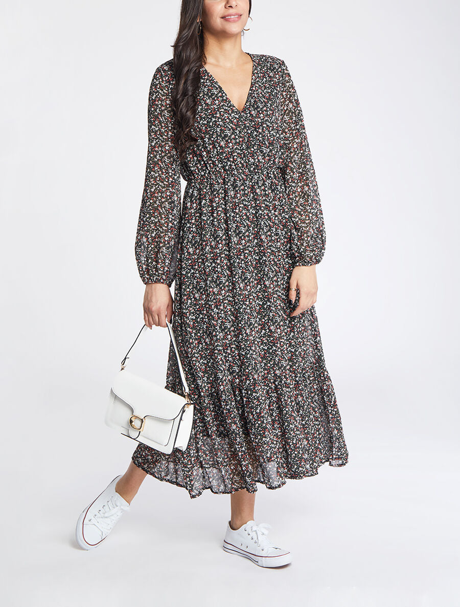 Robe longues empire imprimé fleurs des champs - Noir - 4