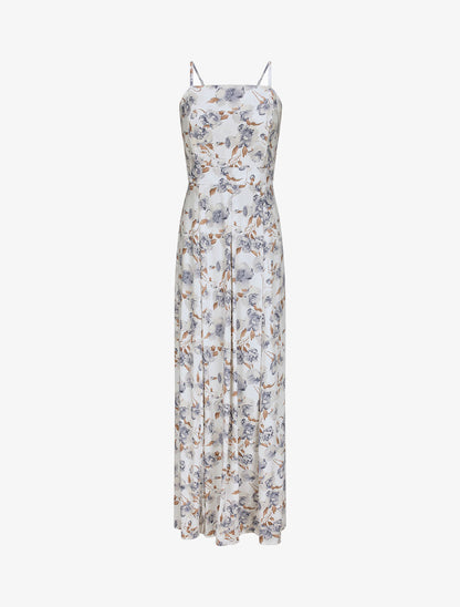 Robe longue empire fendue à imprimé roses - Écru - 1