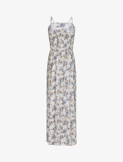Robe longue empire fendue à imprimé roses - Écru - 2