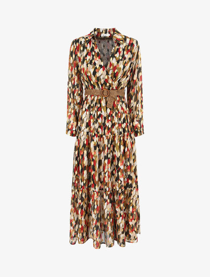 Robe longue cache-coeur à imprimé feuilles stylisées - Kaki - 1