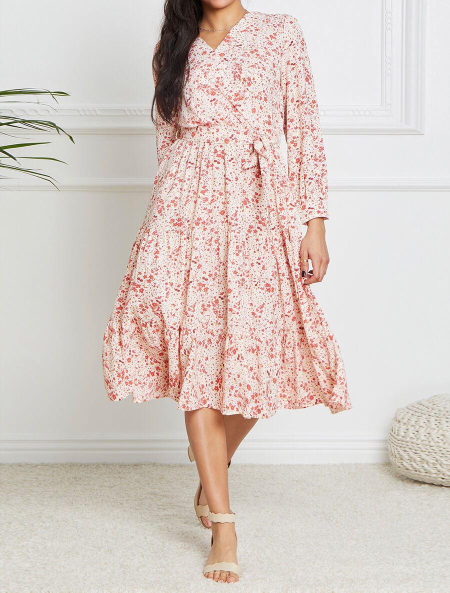 Robe longue cache-coeur à imprimé petites feuilles - Rouge - 1