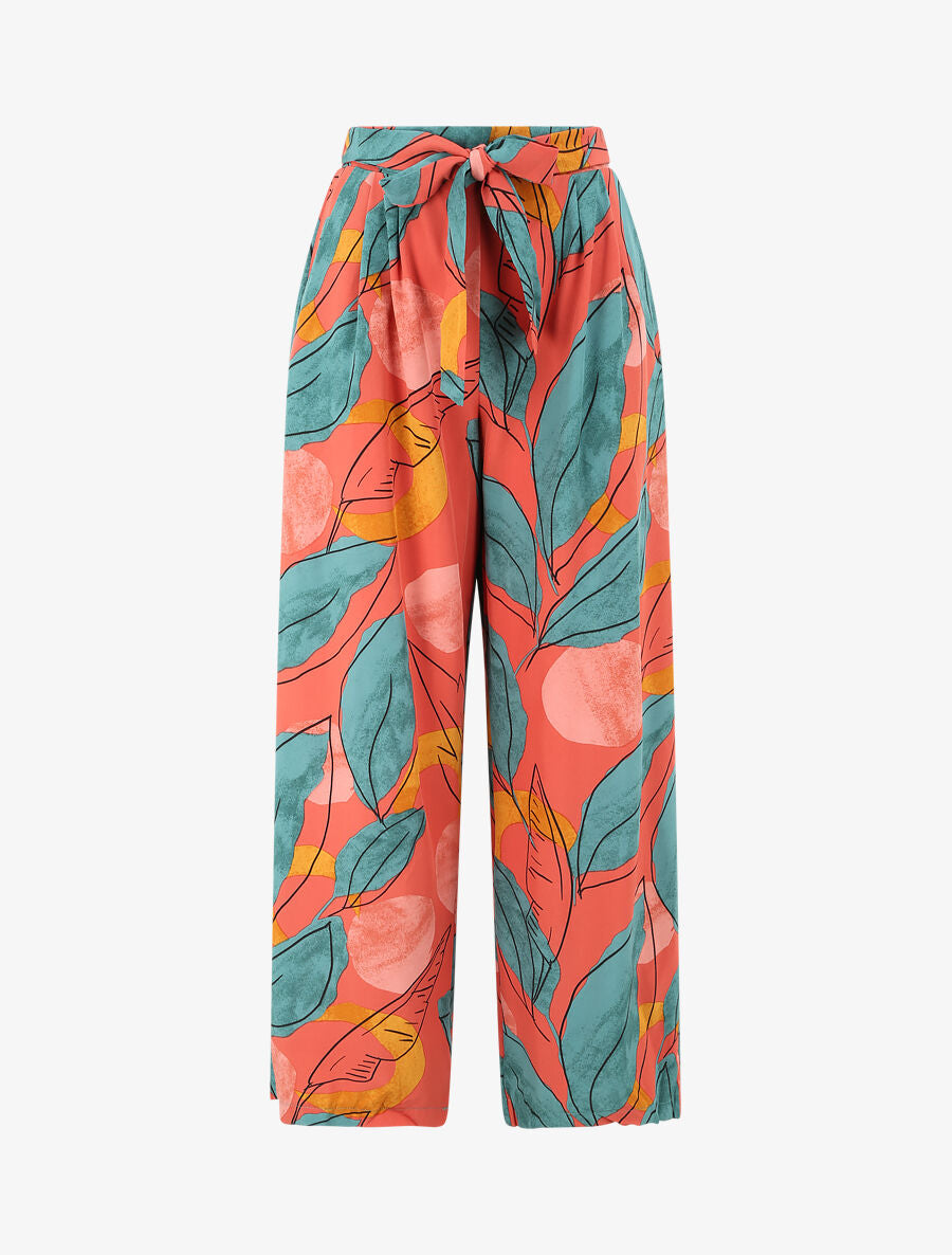 Pantalon fluide coupe loose à imprimé grandes feuilles - Corail - 1