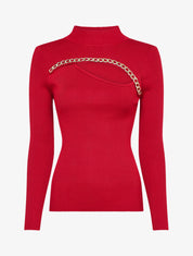 Pull côtelé à décolleté asymétrique et détail chaîne - Rouge - 4
