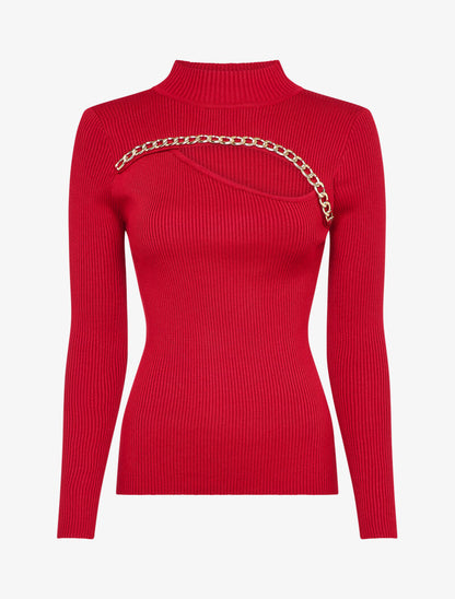 Pull côtelé à décolleté asymétrique et détail chaîne - Rouge - 4