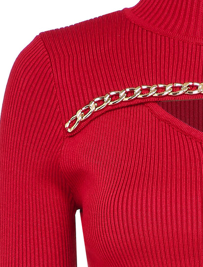 Pull côtelé à décolleté asymétrique et détail chaîne - Rouge - 3