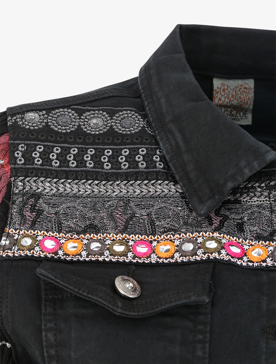 Veste bi-matière ornée de sequins et de broderies - Noir - 4