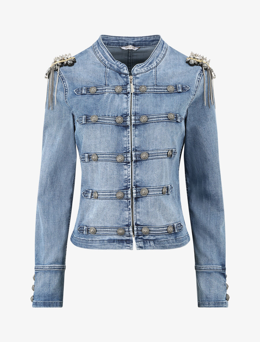 Veste en jean à épaules ornées de strass - Bleu denim - 1