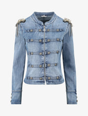 Veste en jean à épaules ornées de strass - Bleu denim - 1
