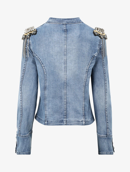 Veste en jean à épaules ornées de strass - Bleu denim - 2
