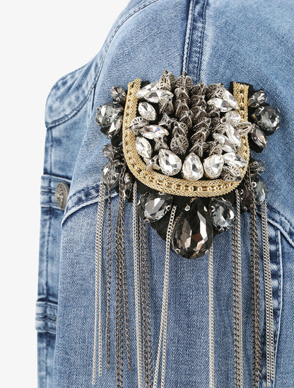 Veste en jean à épaules ornées de strass - Bleu denim - 3