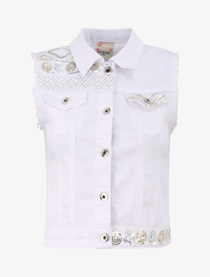 Veste en jean sans manches ornée de sequins et de broderies - Blanc - 4